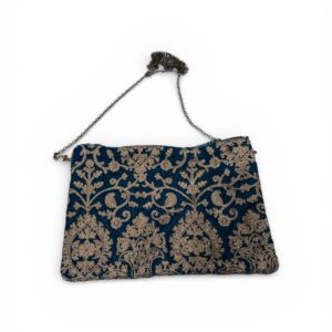 Borsa pochette in tessuto broccato con catenella e cerniera